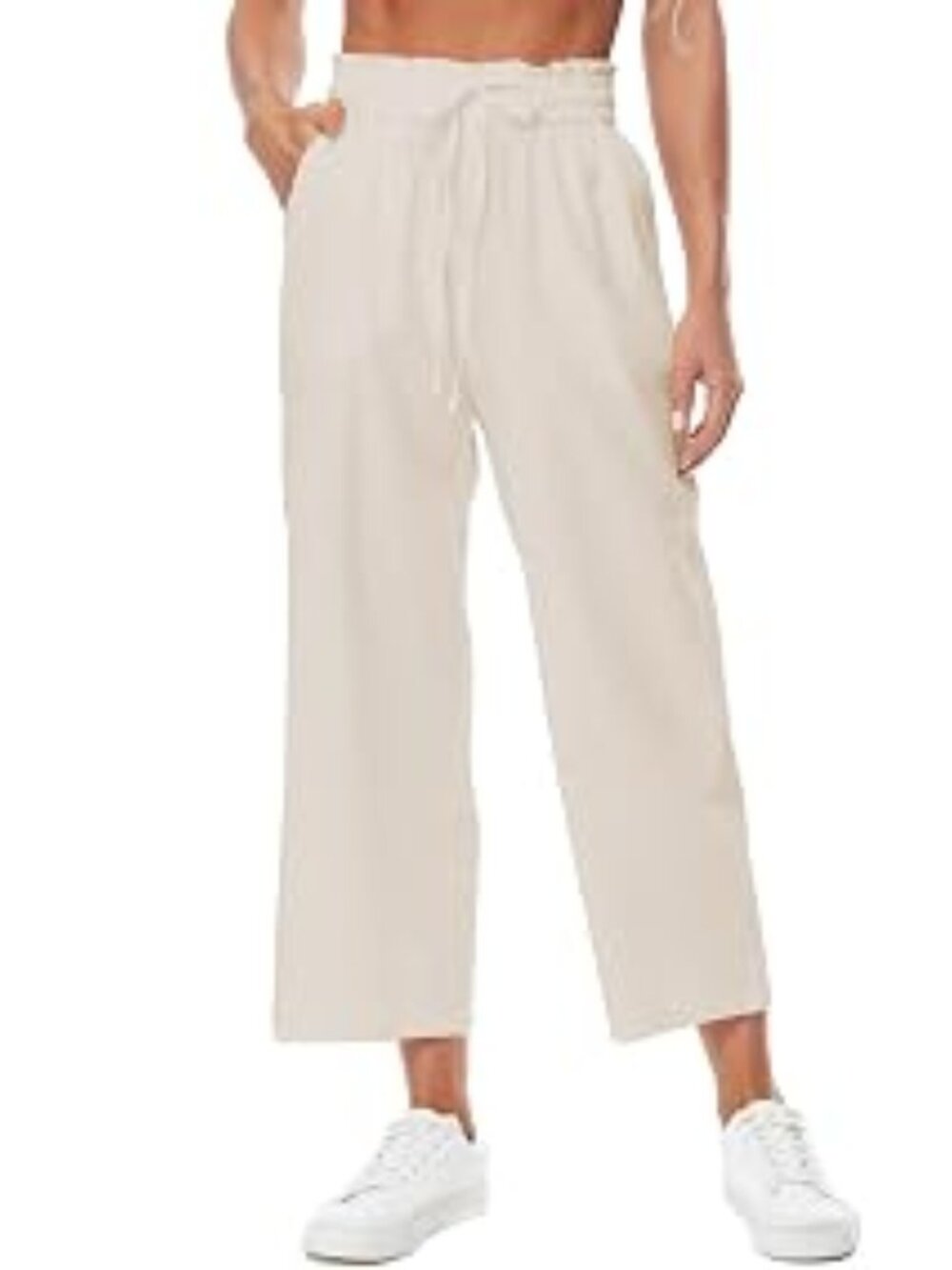 Womens Beige Linen Blend Wide Leg Drawstring Pants with Pockets 3XL NIP